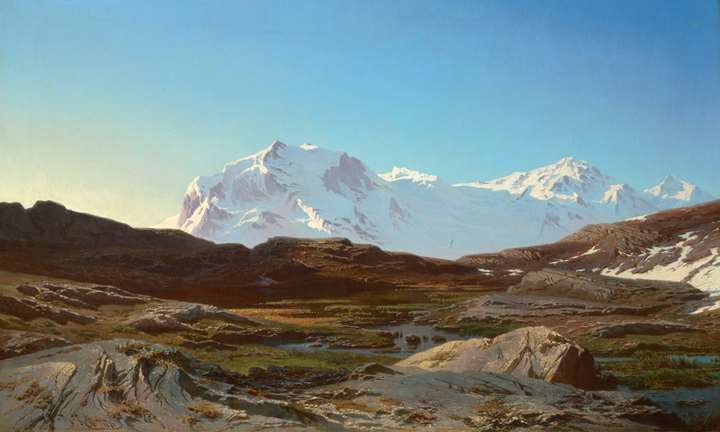 Sunrise on Monte Rosa seen from Riffelsee, Zermatt, Switzerland